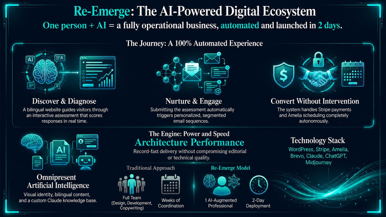 Infographic: the Re-Emerge digital ecosystem — an automated journey deployed in 2 days by one AI-augmented person